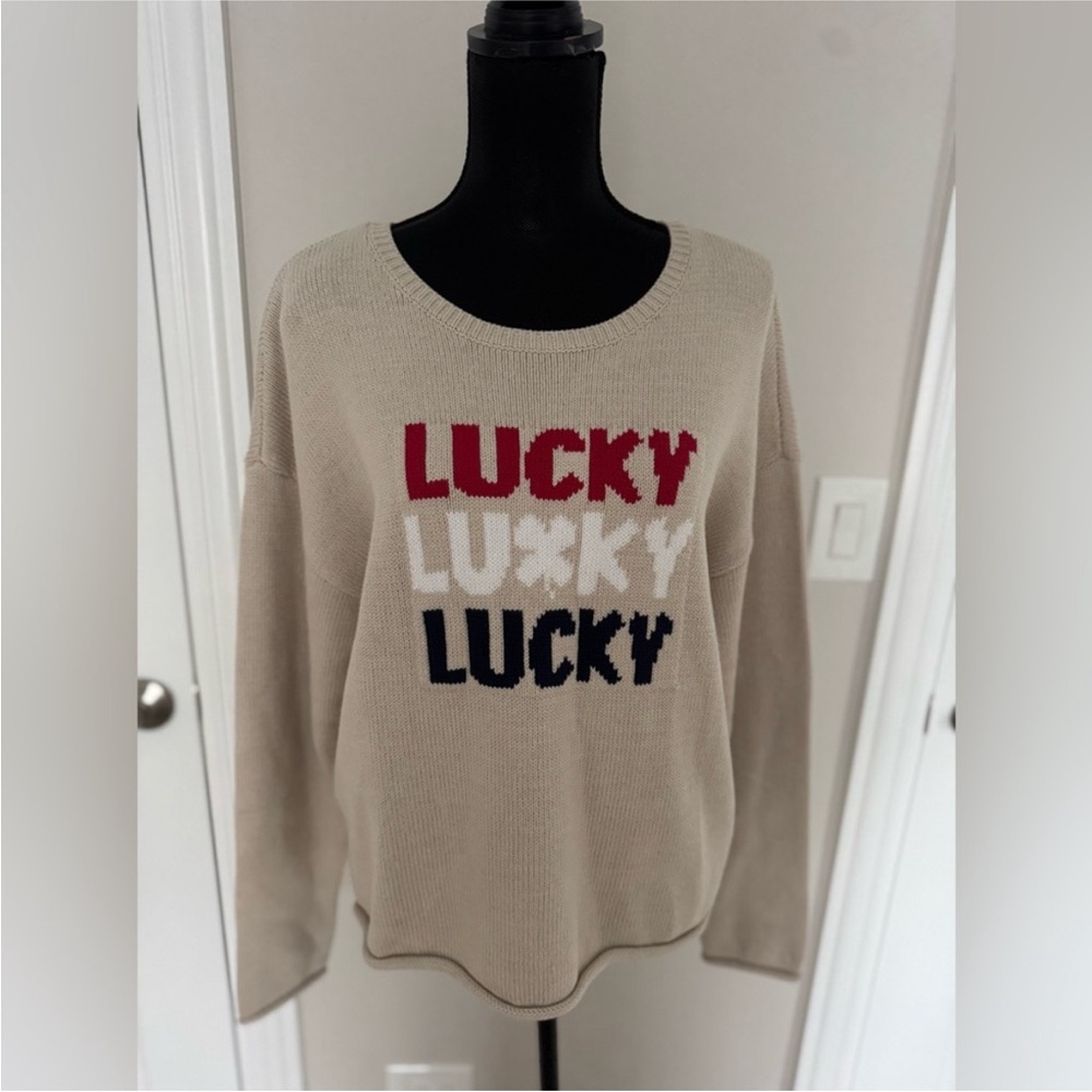 NWT Lucky Brand Women's Beige Sweater with Lucky Print L
